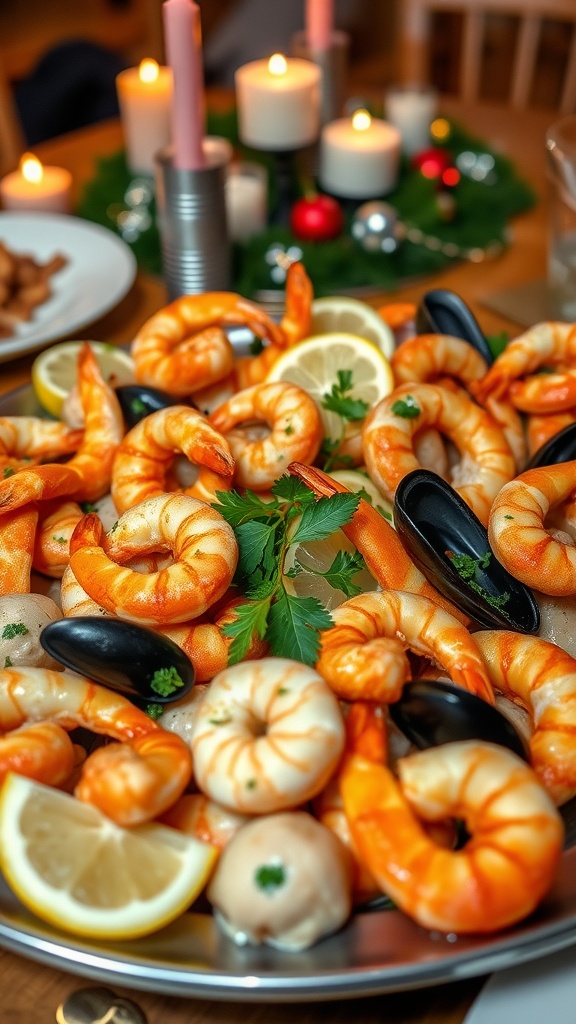 A beautiful assortment of seafood appetizers including fried calamari, shrimp, clams, and mussels on a festive platter.